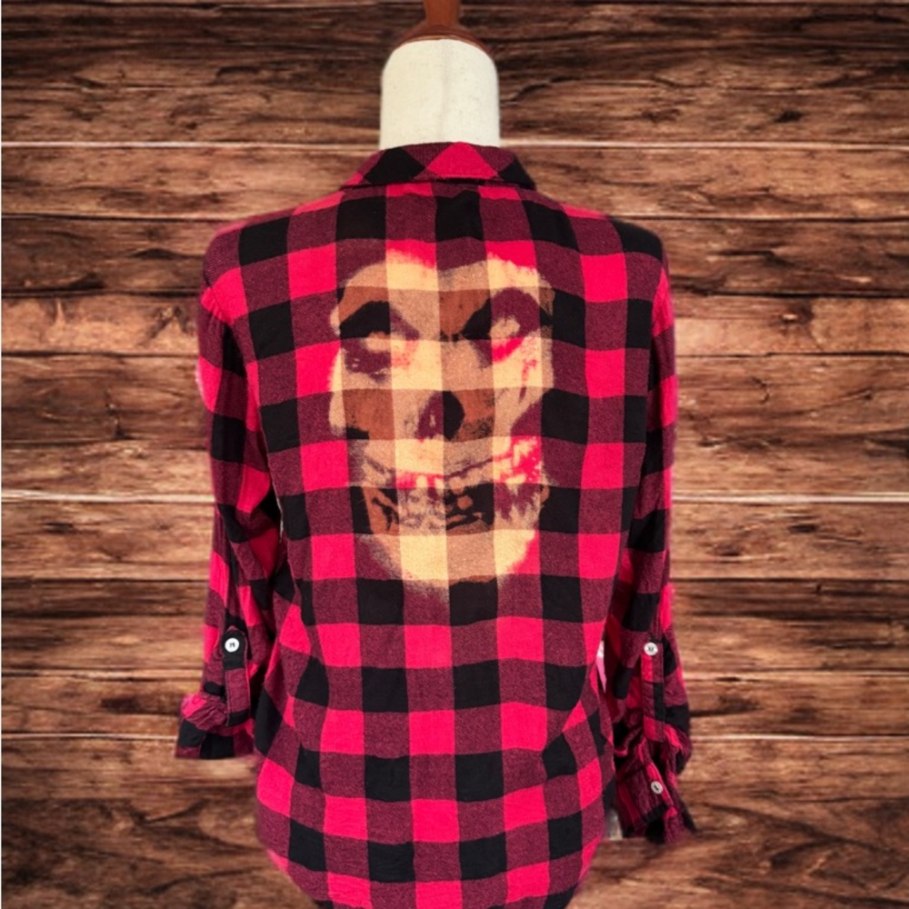 Upcycled Red and Black Plaid Acid Wash Misfits Shirt